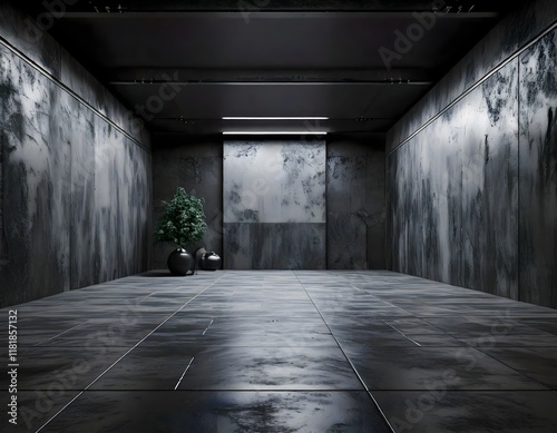 Industrial Concrete Hallway with Arched Doorways and Circular Skylight, Ideal for Architectural Photography, Interior Design Concepts, Modern Art Installations, Movie Set Backdrops,