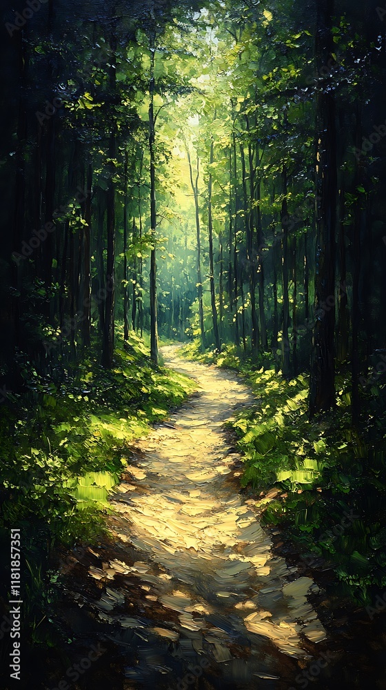 Sunlit Path Through A Lush Green Forest Sunlit Path Through A Lush Green Forest
