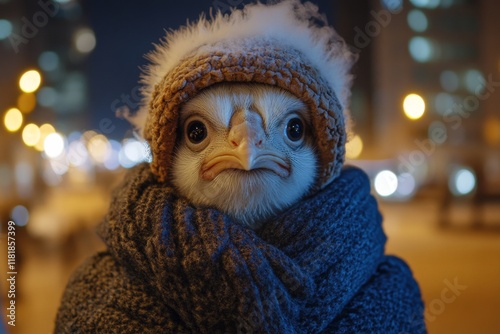 Problem of animal suffering. Sad cute adult animal turkey in winter warm clothes, winter breath from nose and mouth in freezing air. Social ad - Ð°nimal care. Humanity nature missions. photo