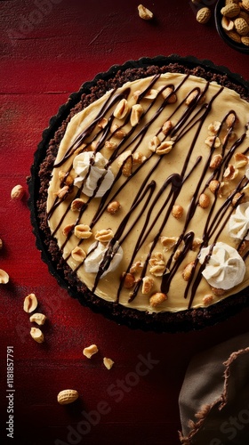 A Stunning Peanut Butter Tart with Whipped Cream and Chocolate Drizzle