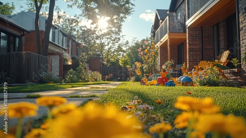 A family home with kidsâ€™ toys scattered across the yard. photo