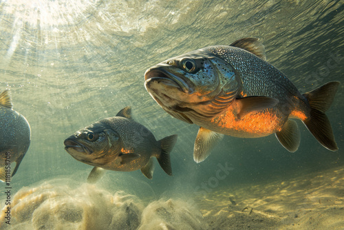 Underwater photo of spawning fish in clear water