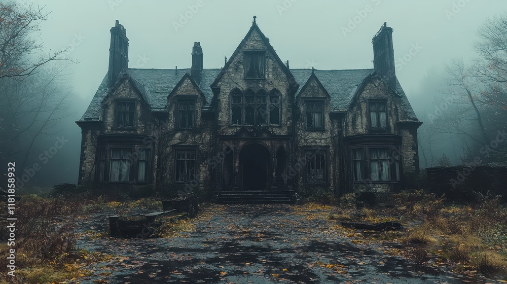 A Gothic-style house with tall windows and an eerie atmosphere. A Gothic-style house with tall windows and an eerie atmosphere.