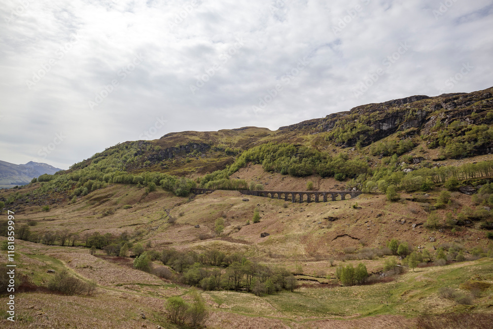 Fototapeta premium Scenic view of the Glenfinnan Viaduct amidst rolling hills in the Scottish Highlands