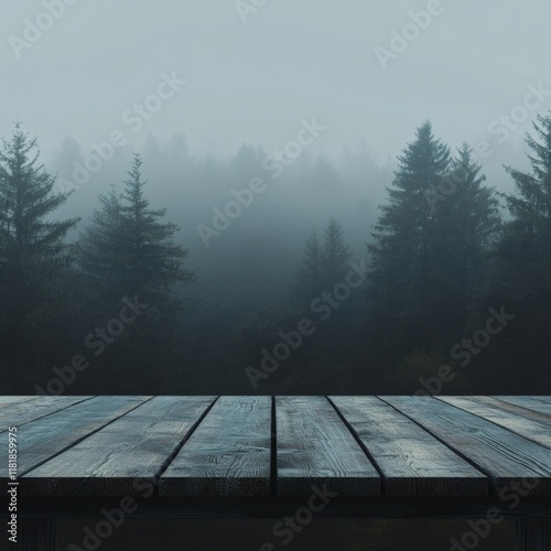 Empty wooden table with forest background