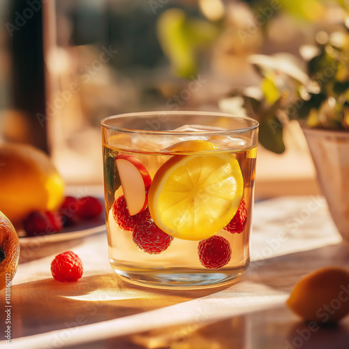 Glass of fruit-infused tea with visible slices of apple, berries, and citrus floating inside. Bright and cheerful lighting with colorful fruit accents and a sunny table setting photo