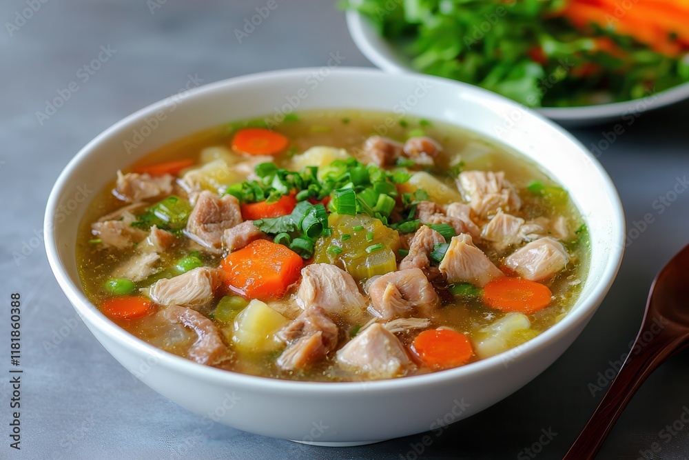 Chicken soup is a protein-rich dish. Delicious bowl of hearty meat and vegetable soup. Chicken soup is a protein-rich dish. Delicious bowl of hearty meat and vegetable soup.