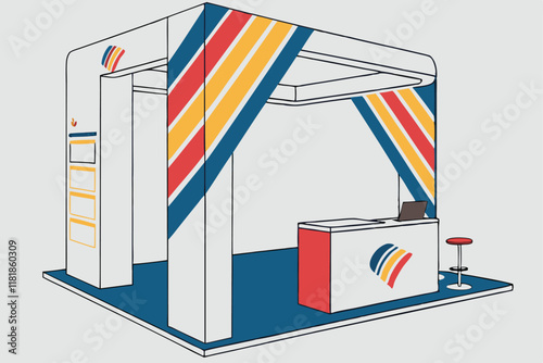 Abstract geometric arch, modern design, blue and white structure, colorful diagonal stripes, minimalist exhibition display, 3D rendering, clean lines, professional presentation, trade show booth, vibr