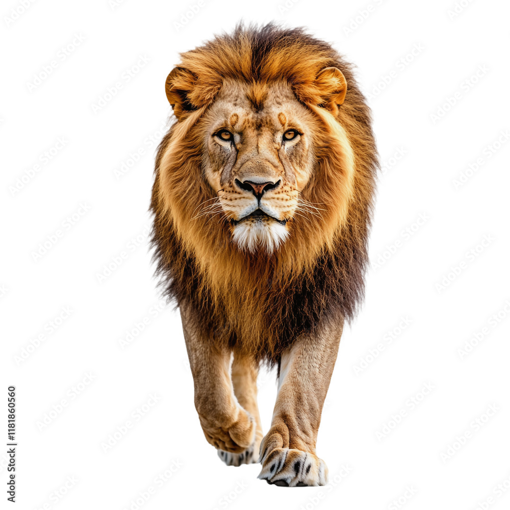 Obraz premium A male lion with a shaggy mane and golden eyes walks towards the camera.