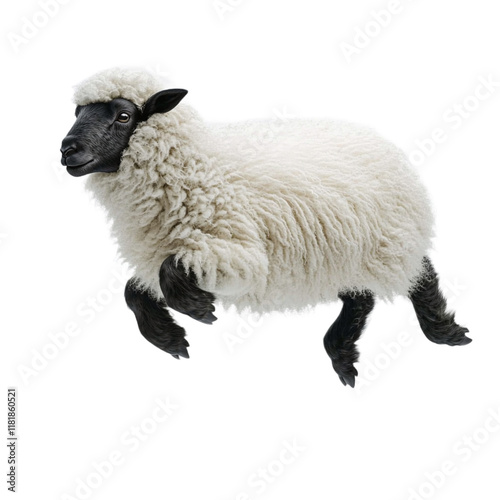 A small lamb with white wool and black face and legs is leaping against a white background.