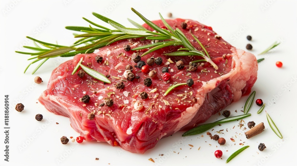 Raw beef steak with rosemary and peppercorns on white background. Raw beef steak with rosemary and peppercorns on white background.