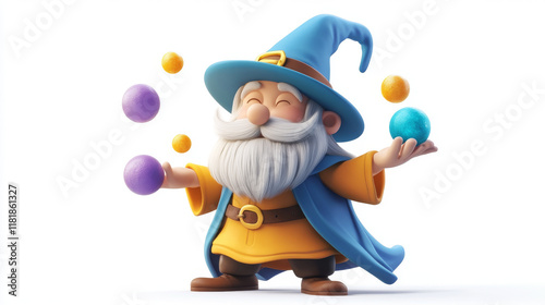 Cartoon vitamin N mage character. Lipoic acid capsule holding magic spheres. Vector nutritional supplement personage wearing witch hat and cloak smile. Isolated cheerful fantasy wizard orange pill