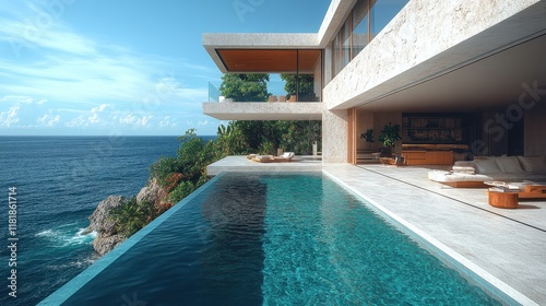 A luxurious beachside villa with a private infinity pool and ocean view. photo