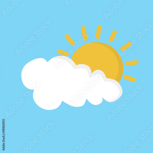 A cartoon style illustration of a bright yellow sun partially hidden behind a fluffy white cloud against a clear blue sky.