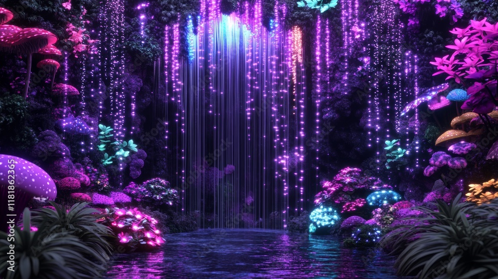 Fototapeta premium Enchanting Glowing Waterfall Fantasy Forest Scene