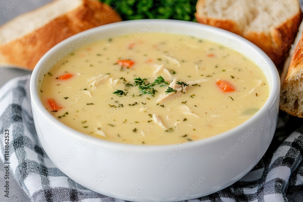 Chicken soup is a protein-rich dish. Creamy chicken soup served with fresh bread and herbs. Chicken soup is a protein-rich dish. Creamy chicken soup served with fresh bread and herbs.