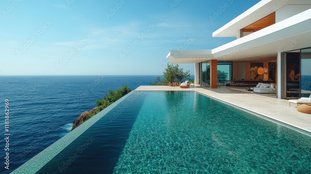 Fototapeta premium A luxurious Mediterranean villa with expansive patios and sea views.