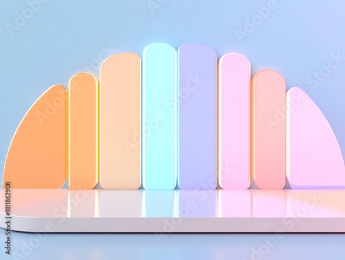 3D render of colorful clipin extensions, arranged in a rainbow fan shape, glowing with radiant lighting photo