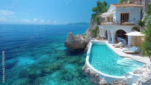 A luxurious villa with an infinity pool overlooking the sea. photo