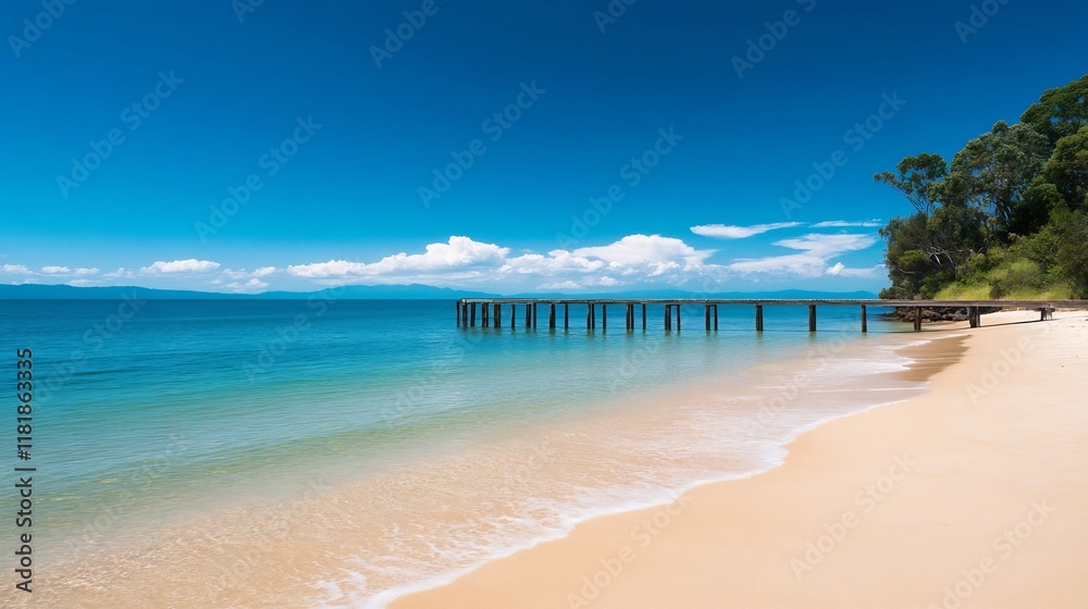 Fototapeta premium Tranquil Tropical Beach with Wooden Pier Extending into the Calm Ocean