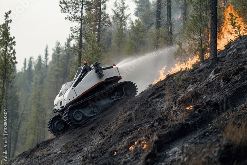 Tracked firefighting robot ascends steep hillside to combat wildfires in forested area