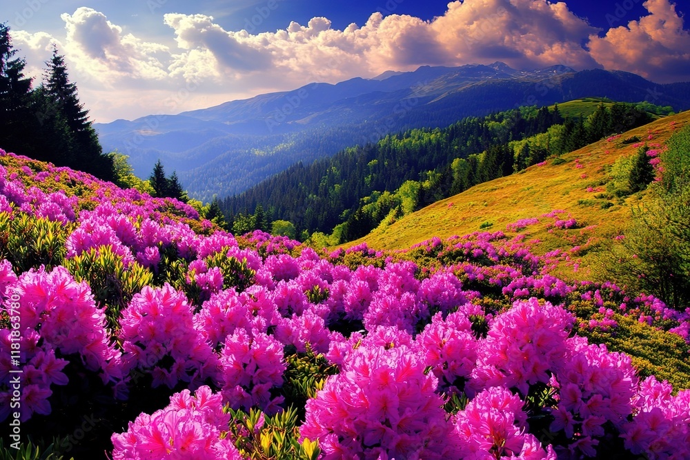 Beautiful Pink Rhododendron Flowers Blooming on a Summer Mountain in the Carpathians
Beautiful Pink Rhododendron Flowers Blooming on a Summer Mountain in the Carpathians