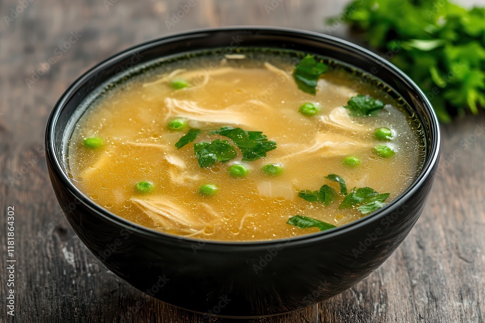 Chicken soup is a protein-rich dish. Delicious chicken soup in a black bowl with herbs. Chicken soup is a protein-rich dish. Delicious chicken soup in a black bowl with herbs.