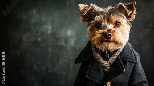Portrait of a little dog, dressed in a coat photo