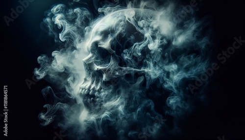 A spectral skull materializes from wisps of smoke against a deep, dark background. The ethereal smoke swirls around the skull, adding to the eerie and mysterious atmosphere.