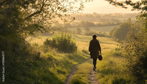 person walks path through vibrant fields and under ablue sky in peaceful countryside setting, woman walking in field photo