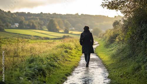 person walks path through vibrant fields and under ablue sky in peaceful countryside setting, woman walking in field photo