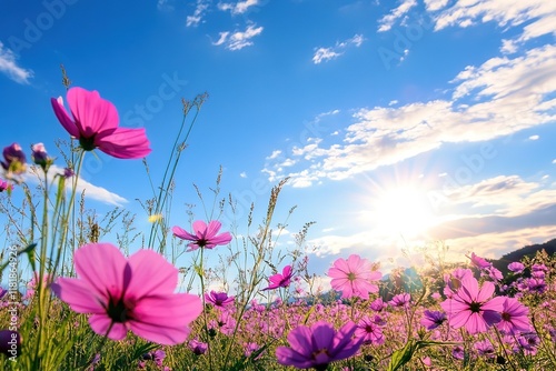 Cosmos Field in Full Bloom with a Beautiful Sunset in the Garden
