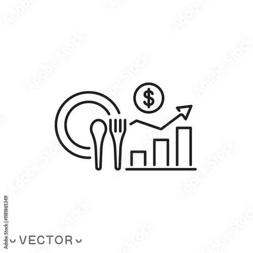 rising price for food icon, up graph, increase grocery crisis, thin line symbol concept isolated on white background, editable stroke eps 10 vector illustration