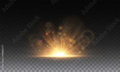 Lens explosion, spark, spark. Glowing bright light explosion effect. Crystal The effect of a bright flickering flash of light on a transparent background with ray.Vector illustration.	
