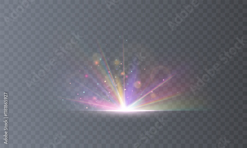 Lens explosion, spark, spark. Glowing bright light explosion effect. Crystal The effect of a bright flickering flash of light on a transparent background with ray.Vector illustration.	
