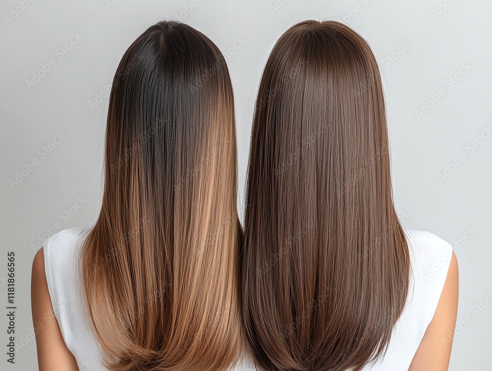 A sideparted wig, sleek and shiny, light chestnut color, displayed with professional hair products A sideparted wig, sleek and shiny, light chestnut color, displayed with professional hair products