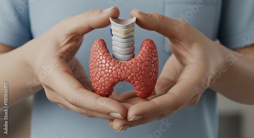 Image is a realistic digital illustration featuring a close-up view of a person holding a detailed anatomical model of a thyroid gland.