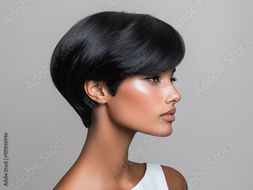 A sleek synthetic wig in glossy black, styled in a modern pixie cut, displayed on a polished metal mannequin photo