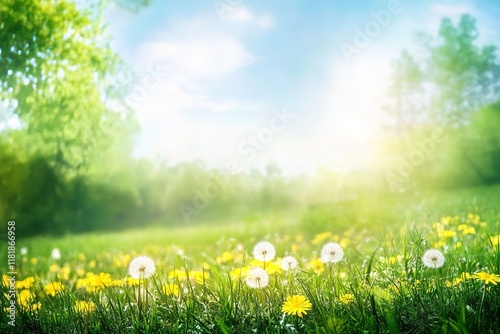 Beautiful Meadow with Fresh Grass and Yellow Dandelions Under a Blurry Blue Sky
