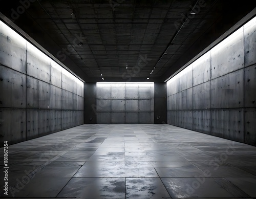 Industrial Concrete Hallway with Arched Doorways and Circular Skylight, Ideal for Architectural Photography, Interior Design Concepts, Modern Art Installations, Movie Set Backdrops, photo