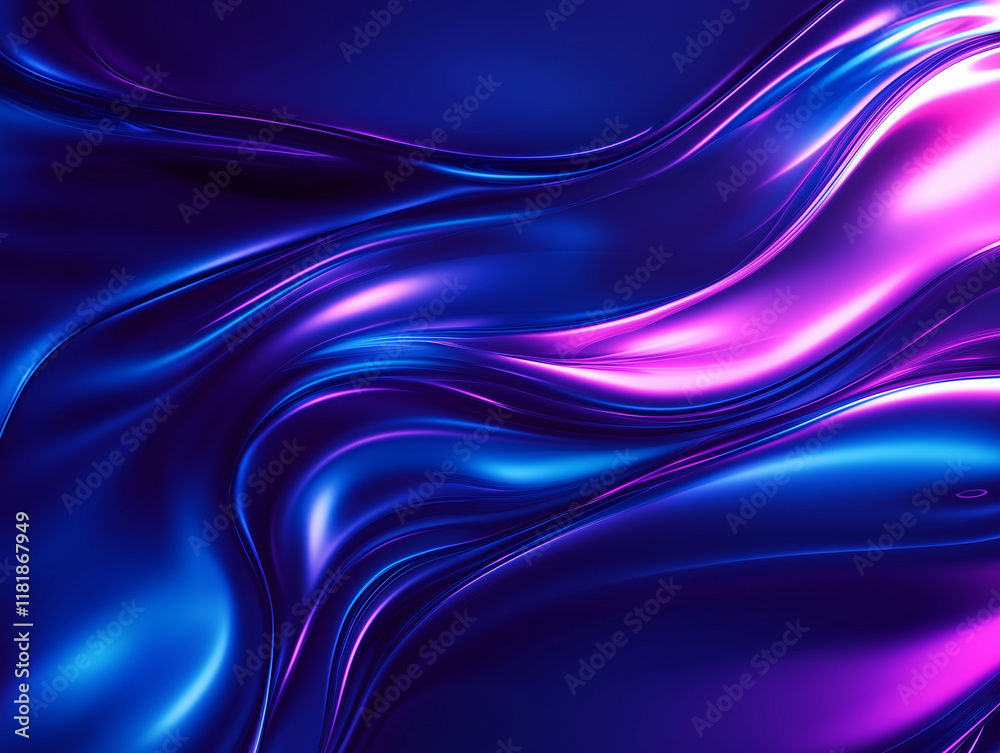 Vibrant abstract design with flowing waves of purple and blue shades illuminating the dark background