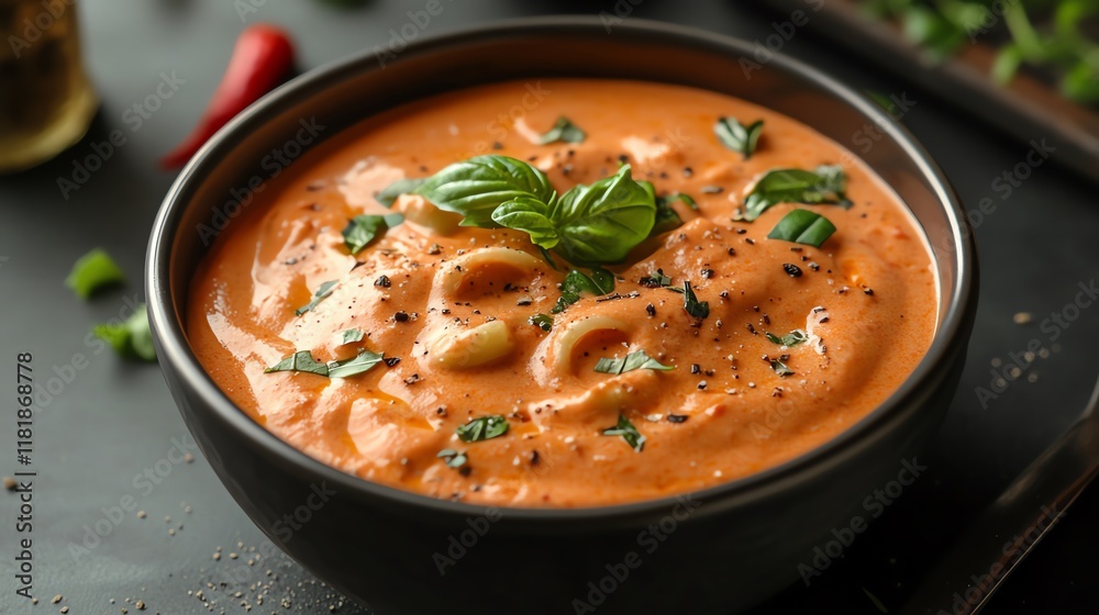 Delicious creamy tomato soup garnished with fresh basil leaves. Delicious creamy tomato soup garnished with fresh basil leaves.