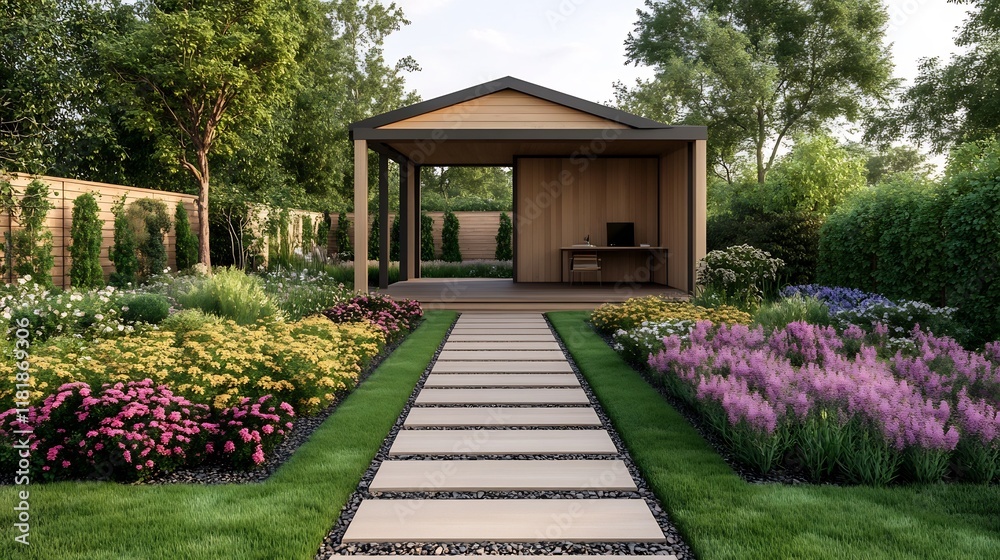 Obraz premium Serene Garden Gazebo Workspace - Blooming Flowers and Cozy Outdoor Office Setting