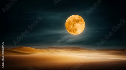 Fototapeta Naklejka Na Ścianę i Meble -  Endless desert dunes rippling under the glow of a full moon selective focus solitude theme surreal double exposure starry night sky, ultra-realistic detail, cinematic, 