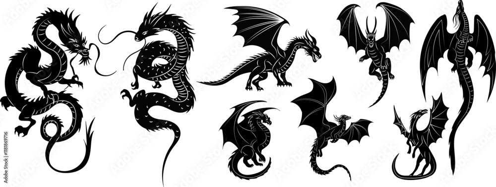 dragons silhouette set, vector on white background dragons silhouette set, vector on white background