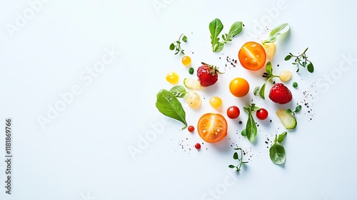 Fresh assorted fruits and greens arranged creatively on white plate. photo