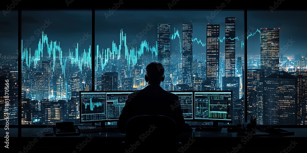 Monitoring financial markets from a high-rise office overlooking a city skyline at night