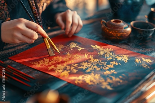 Writing spring couplets with calligraphy brushes, red paper, and gold ink, deep cultural ambiance