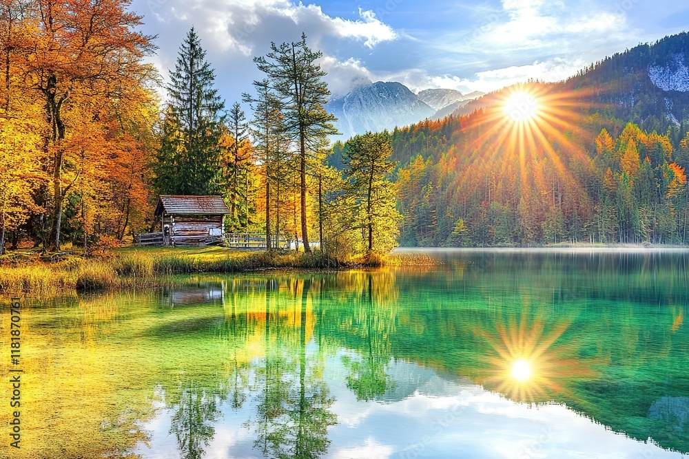 Naklejka premium Beautiful Autumn Scene at Hintersee Lake with Vibrant Sunset and Trees 