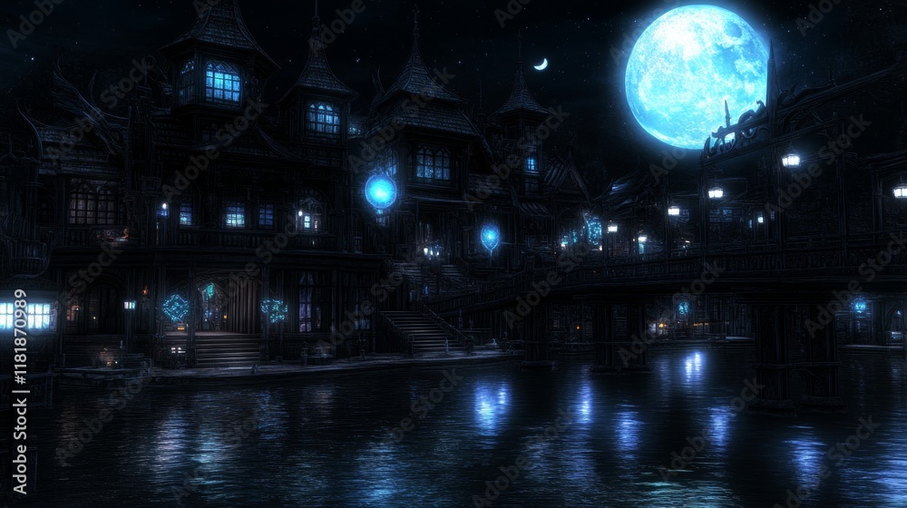 Fototapeta premium Enchanting Night Scene Canal City Under Blue Moon